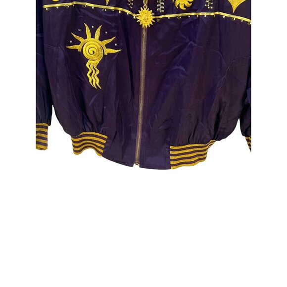 Caché Satin Bomber Jacket Gold Sunburst Crafty Embellishments Striped Size L Pu - Picture 7 of 10